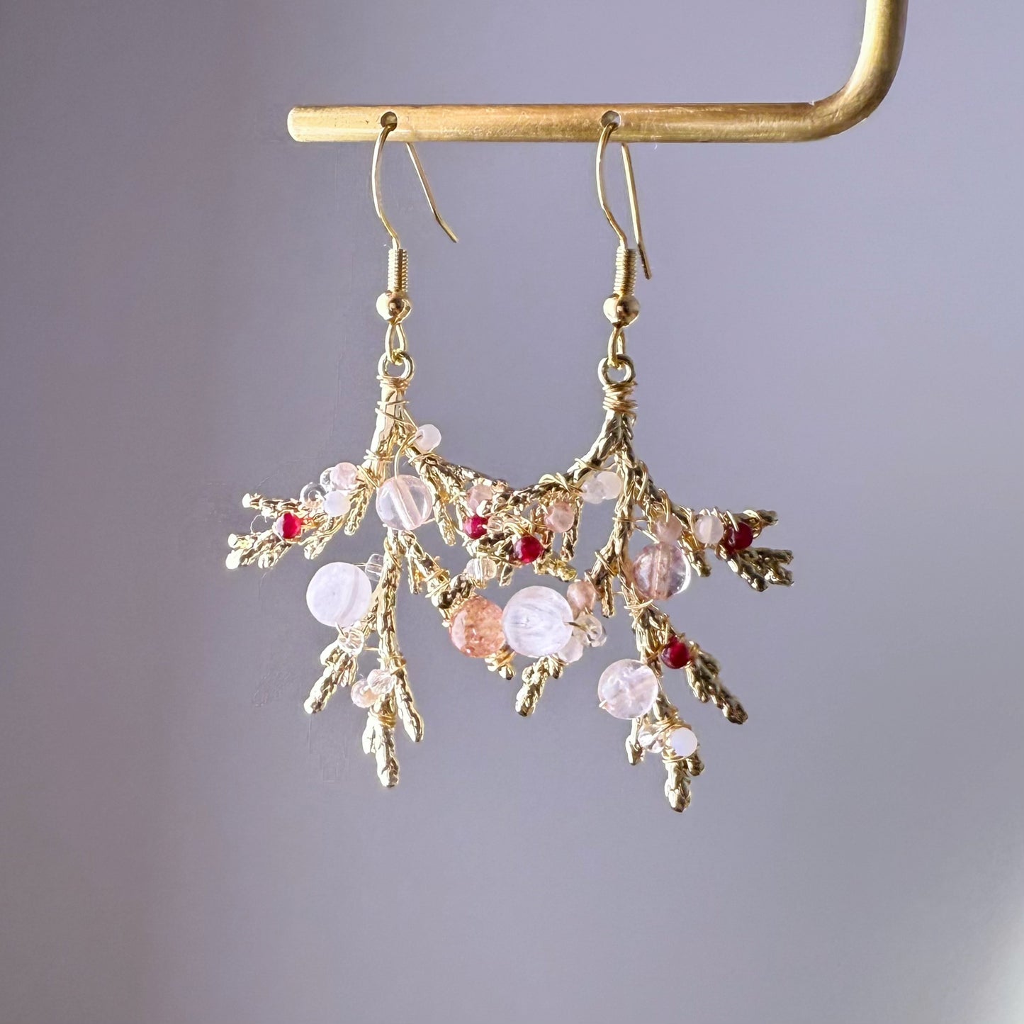 Handmade Golden Pine Branch with Mini Natural Crystal Beads Earrings
