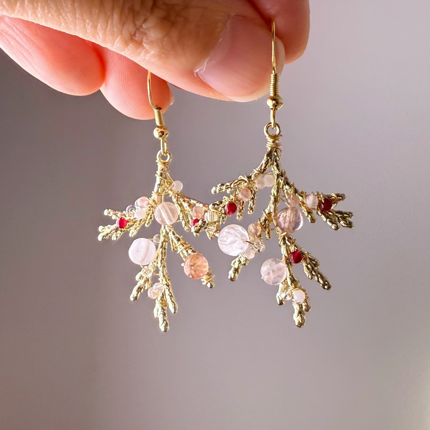 Handmade Golden Pine Branch with Mini Natural Crystal Beads Earrings