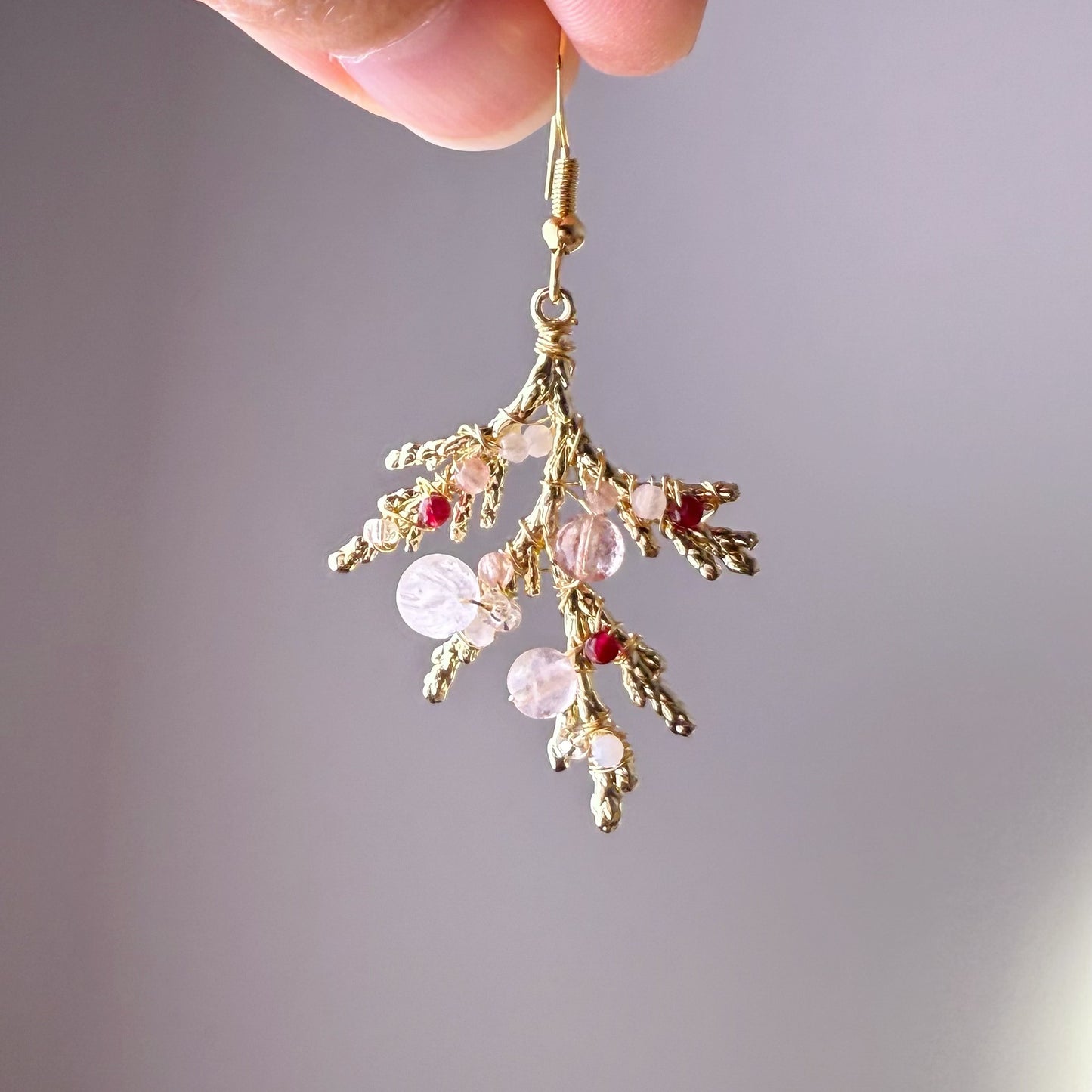 Handmade Golden Pine Branch with Mini Natural Crystal Beads Earrings