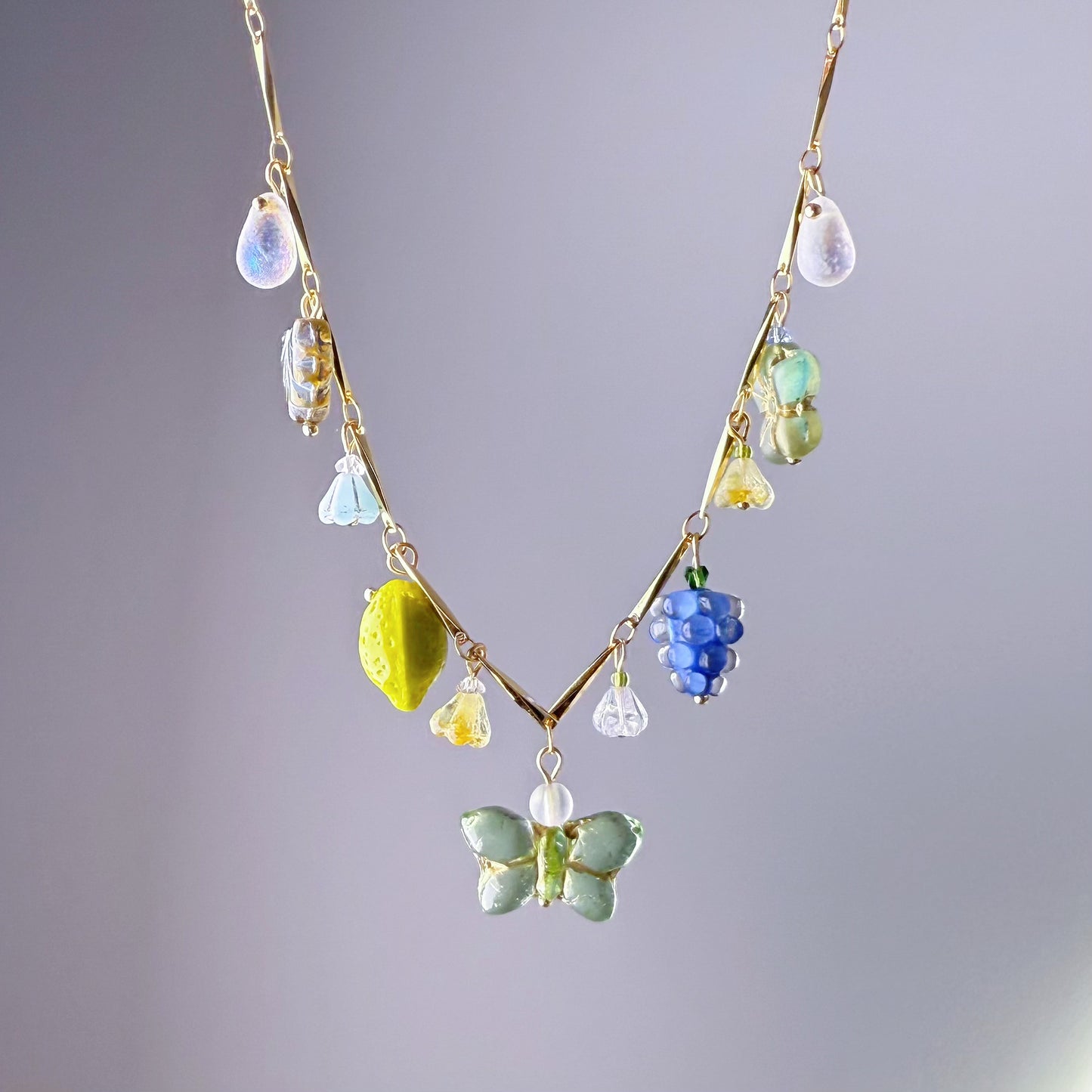 Handmade Summer Garden Flowers and Berries Czech Glass Beads Chain Necklace
