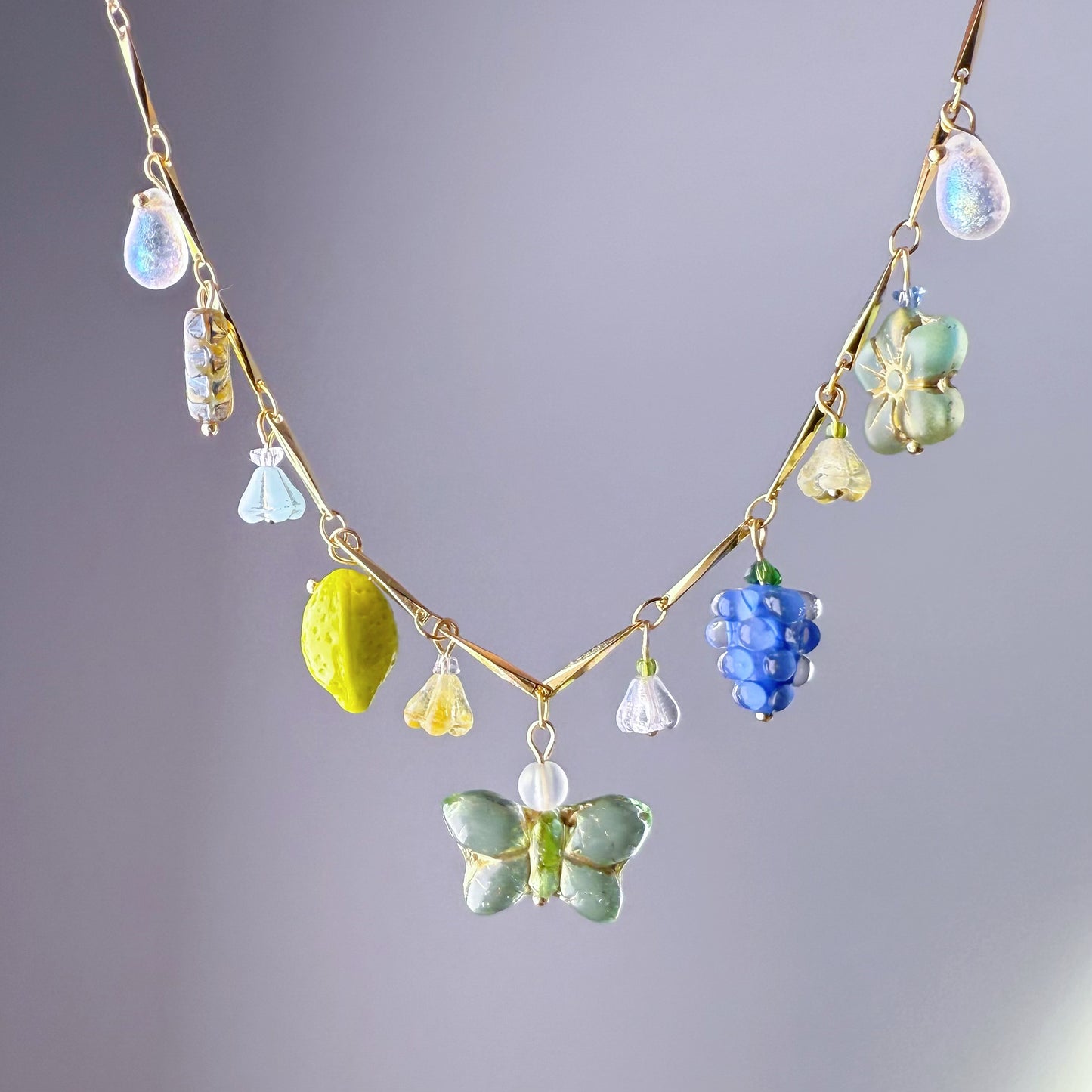 Handmade Summer Garden Flowers and Berries Czech Glass Beads Chain Necklace