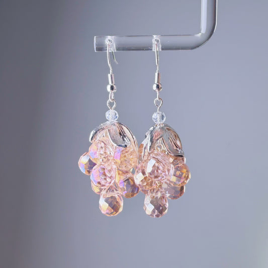 Handmade Pink Grapes with Silver Leaves Earrings