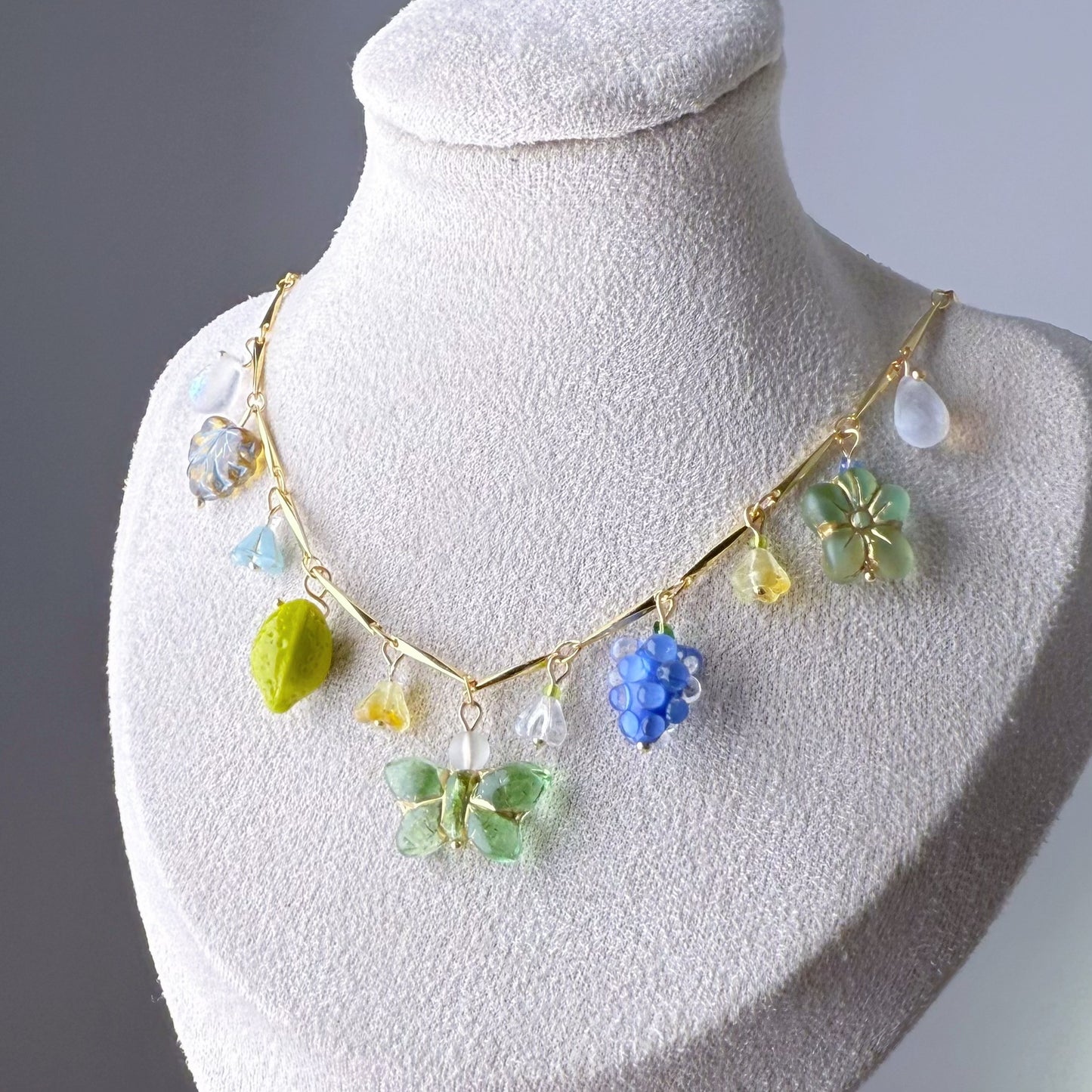 Handmade Summer Garden Flowers and Berries Czech Glass Beads Chain Necklace