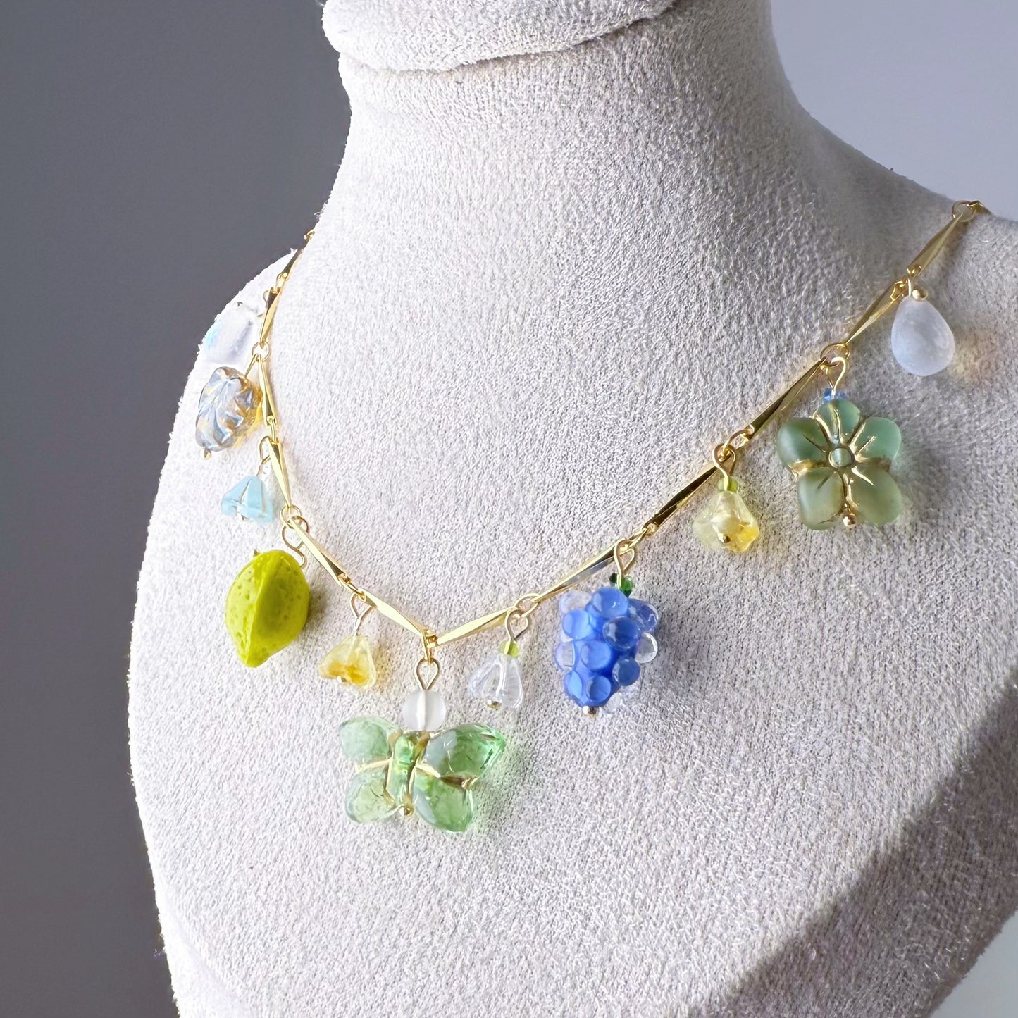 Handmade Summer Garden Flowers and Berries Czech Glass Beads Chain Necklace