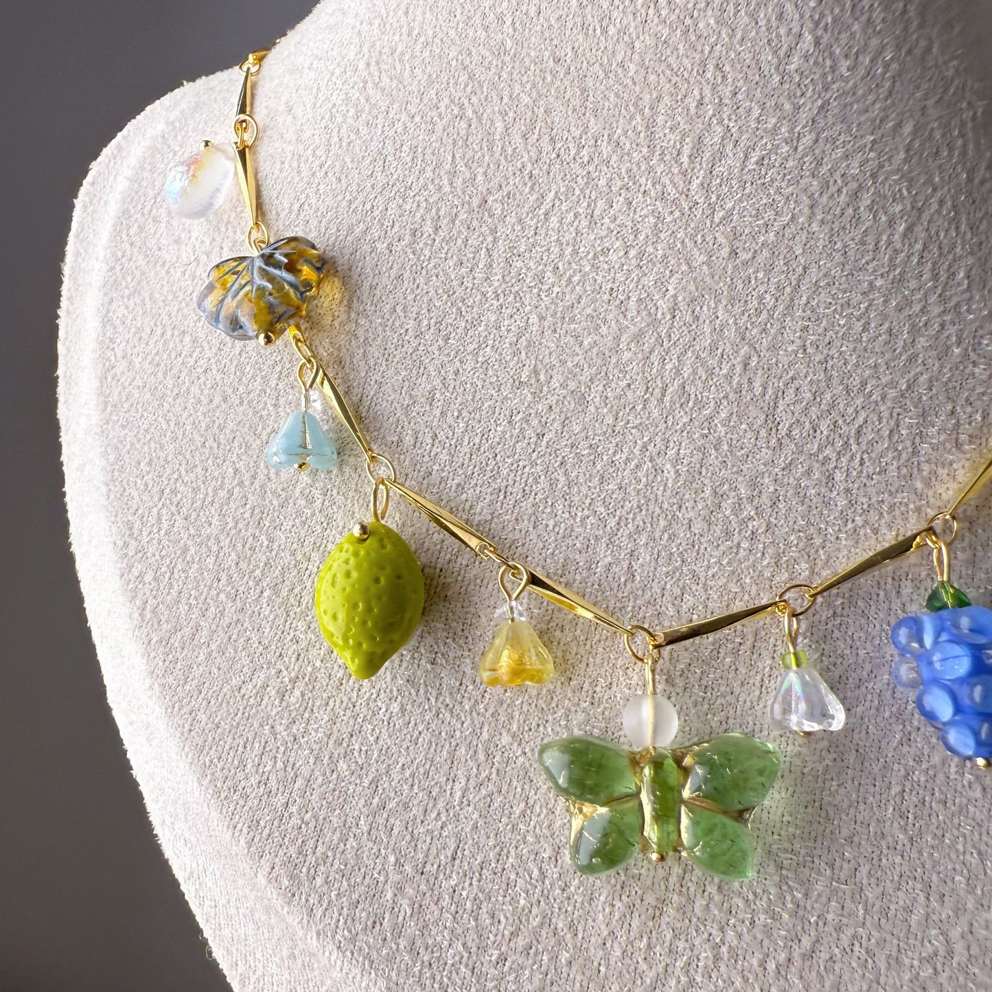 Handmade Summer Garden Flowers and Berries Czech Glass Beads Chain Necklace