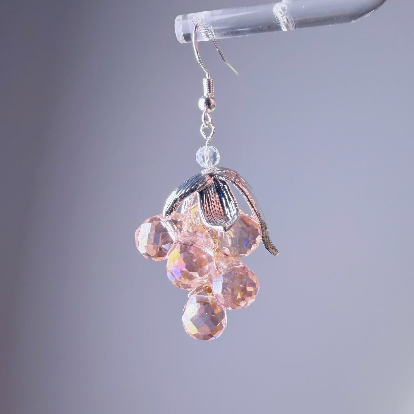Handmade Pink Grapes with Silver Leaves Earrings