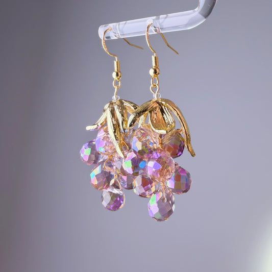 Handmade Purple Grapes with Golden Leaves Earrings