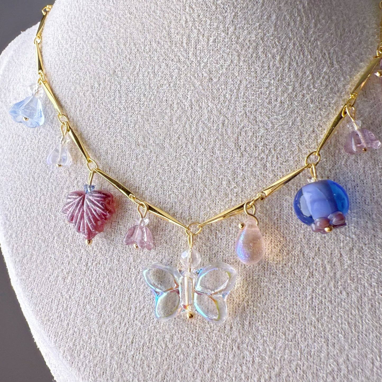 Handmade Summer Garden Flowers and Berries Purple Czech Glass Beads Chain Necklace