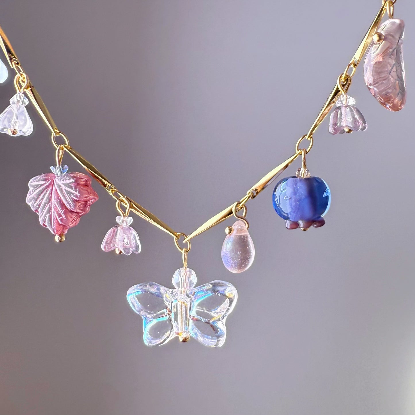 Handmade Summer Garden Flowers and Berries Purple Czech Glass Beads Chain Necklace