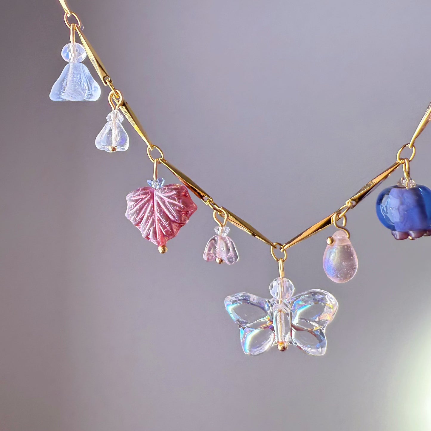 Handmade Summer Garden Flowers and Berries Purple Czech Glass Beads Chain Necklace