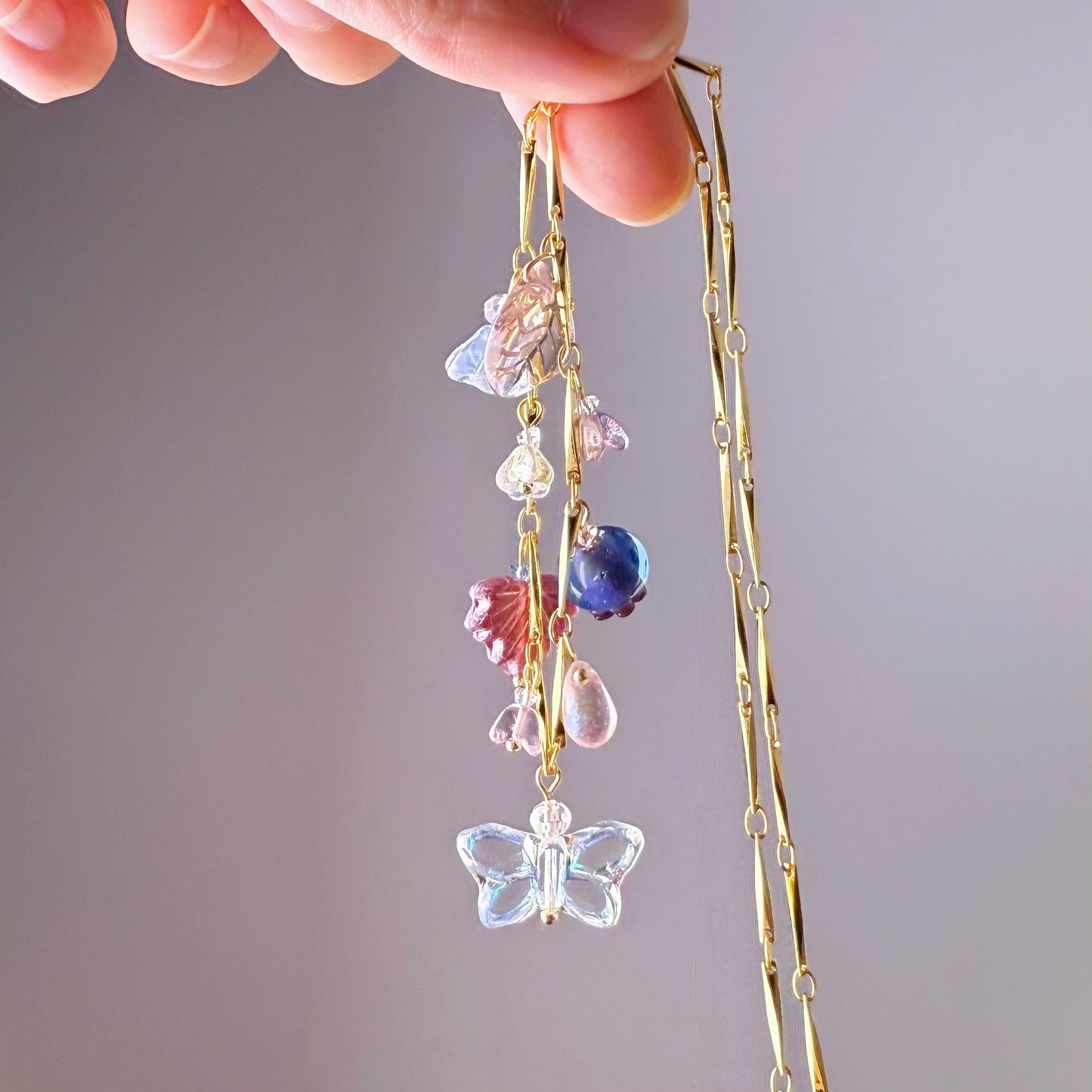 Handmade Summer Garden Flowers and Berries Purple Czech Glass Beads Chain Necklace