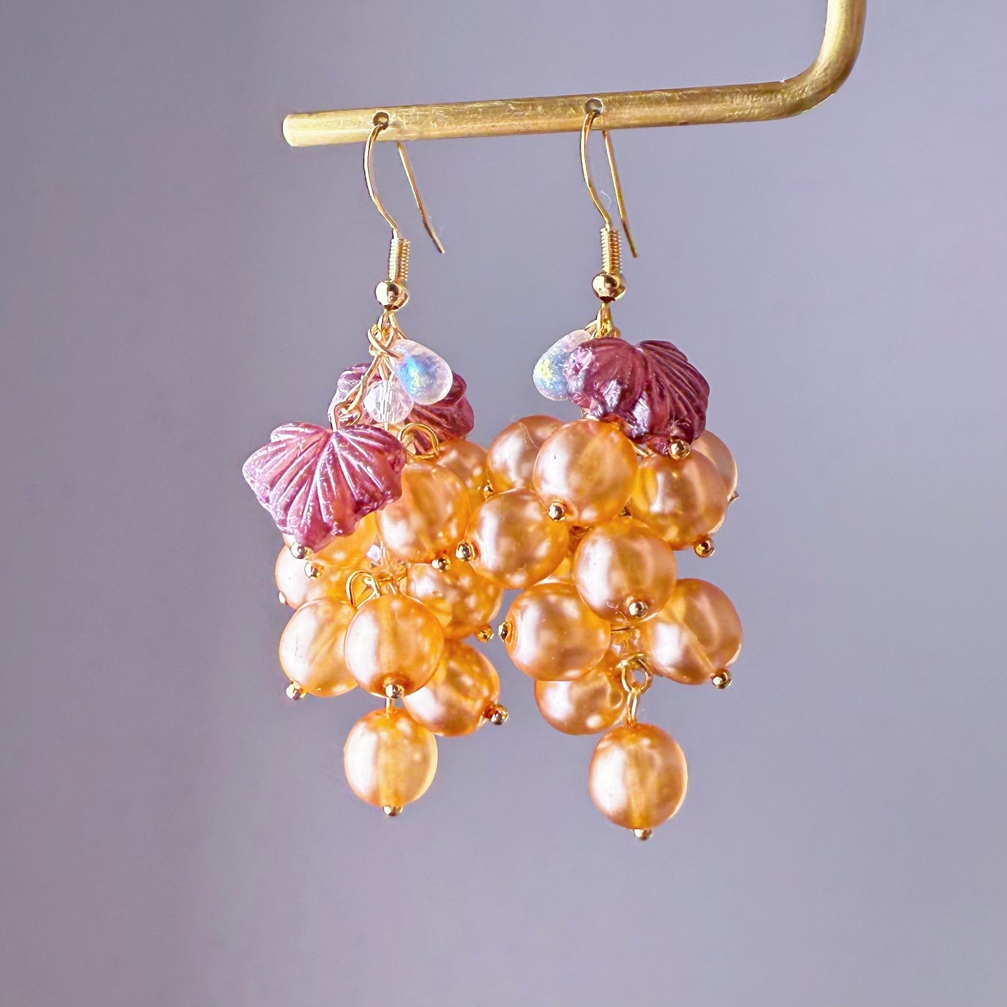 Handmade Autumn Golden Grapes with Purple Leaf Glass Bead Earrings