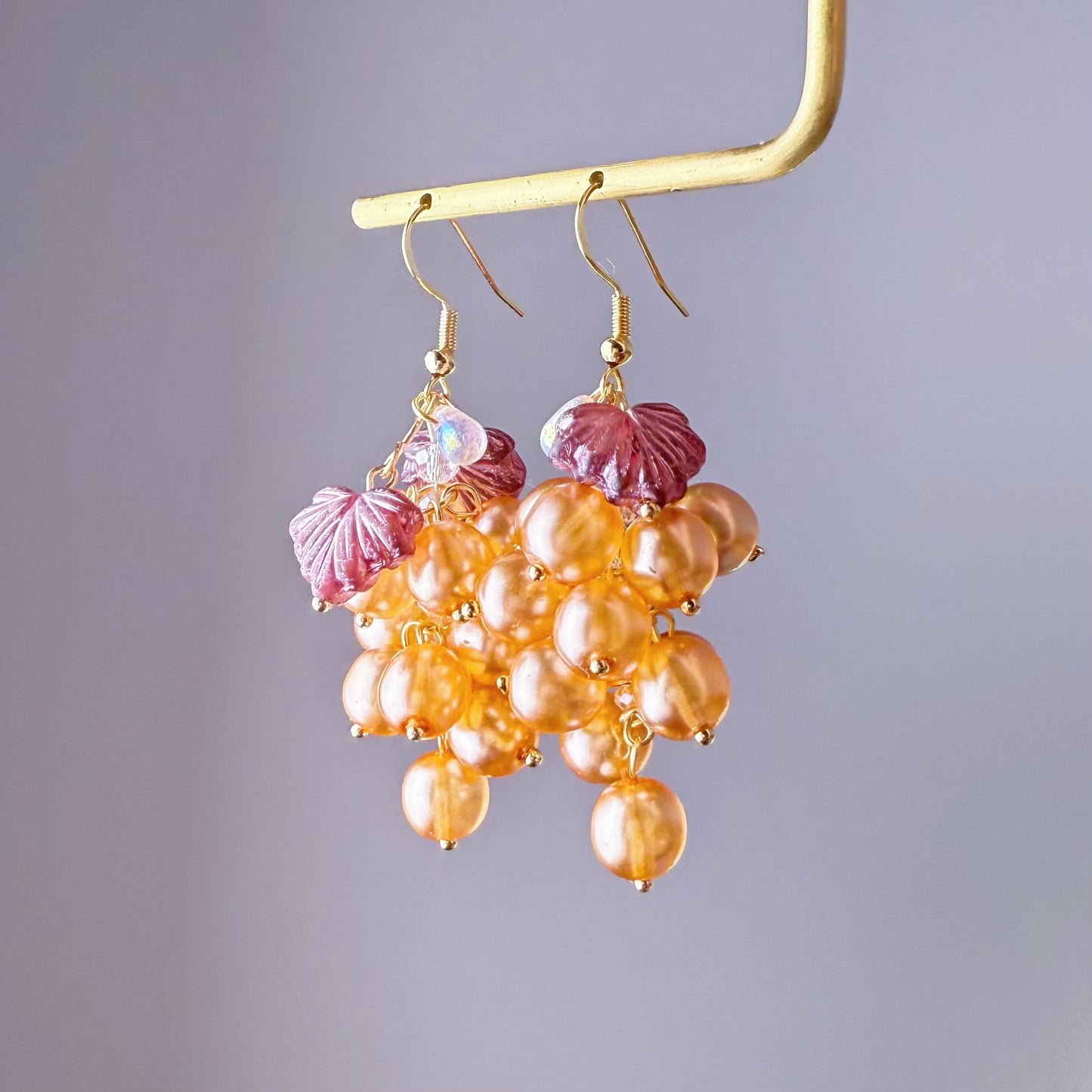 Handmade Autumn Golden Grapes with Purple Leaf Glass Bead Earrings