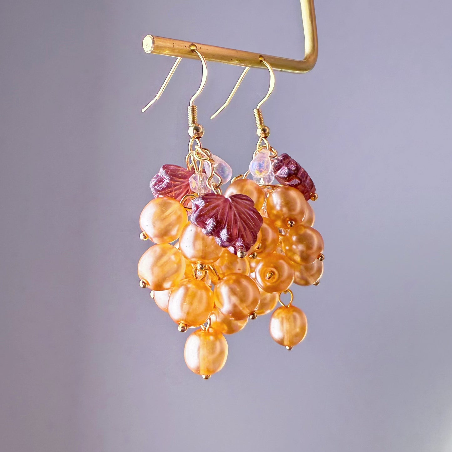 Handmade Autumn Golden Grapes with Purple Leaf Glass Bead Earrings