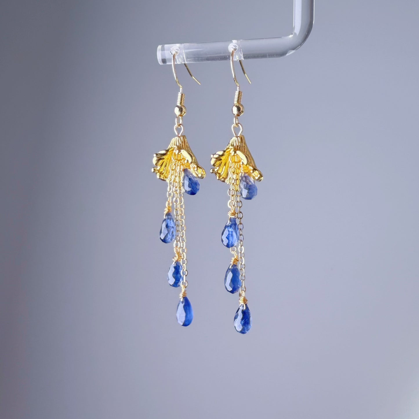 Handmade Bluebells Flower Royal Blue Kyanite Faceted Gemstone Teardrop Earrings