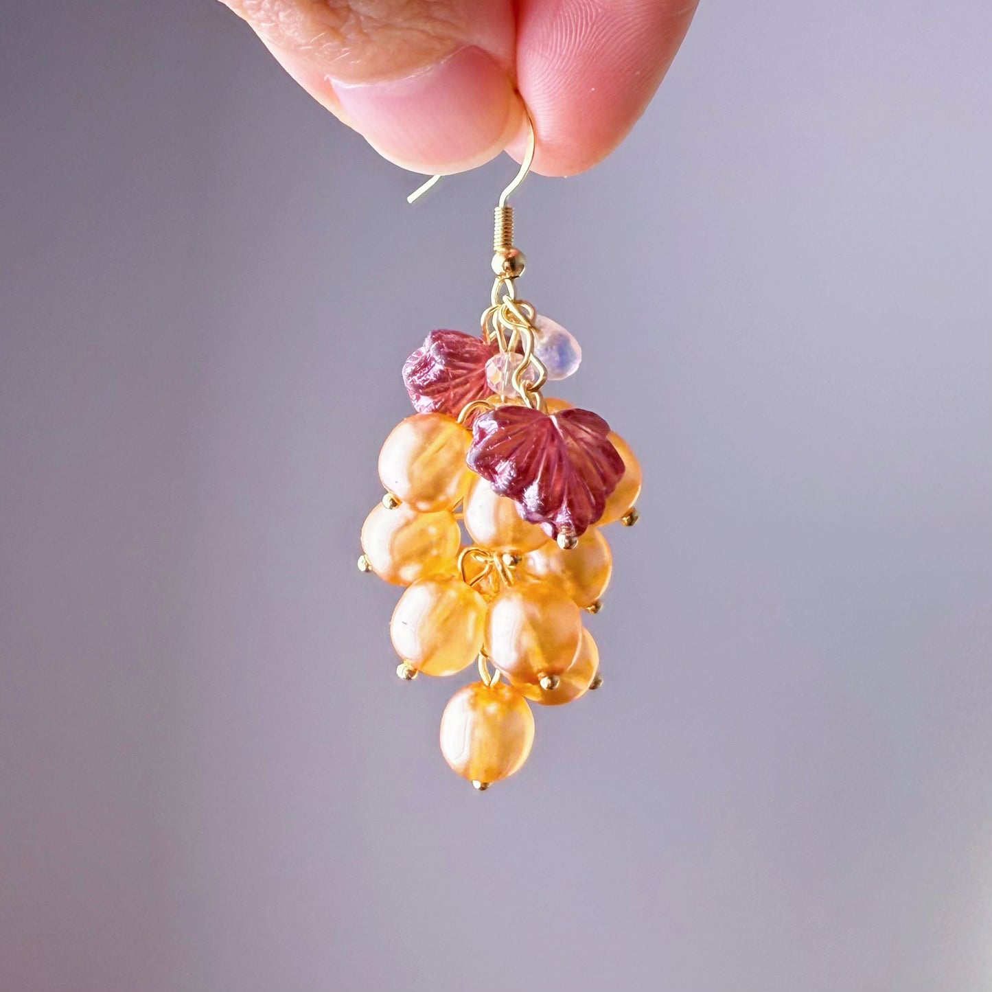 Handmade Autumn Golden Grapes with Purple Leaf Glass Bead Earrings