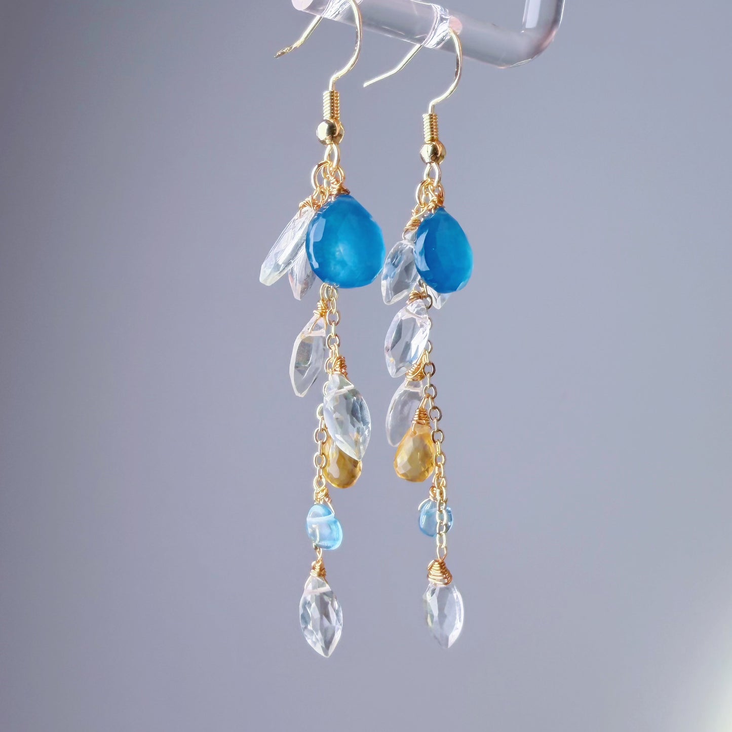 Handmade Blue Agate Citrine Gemstone Teardrop and Green Amethyst Faceted Willow Leaves Earrings