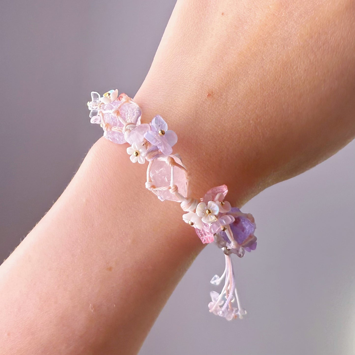 Quartzberry - Heart Chakra Rose Quartz and Crown Chakra Amethyst Quartz Macrame Bracelet