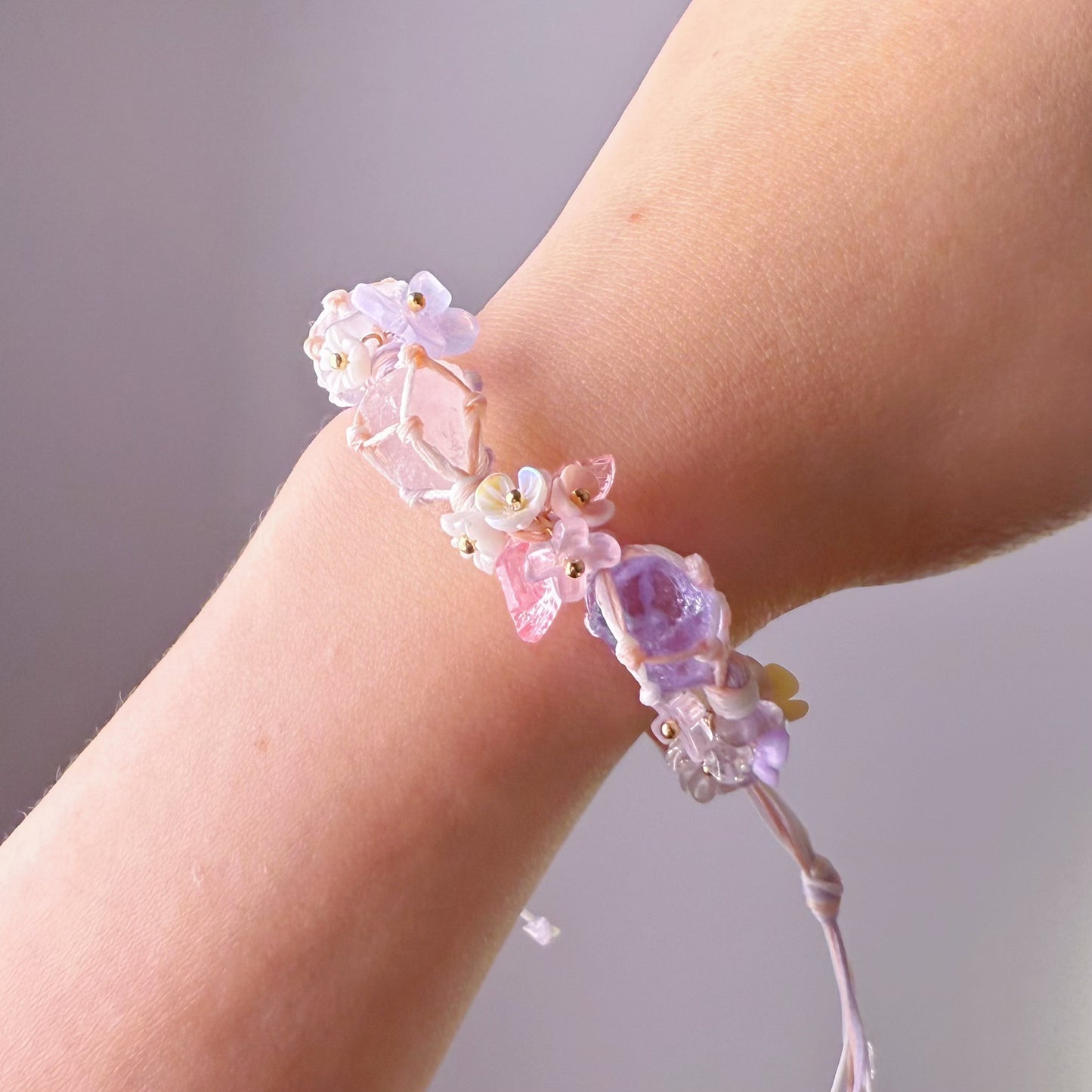 Quartzberry - Heart Chakra Rose Quartz and Crown Chakra Amethyst Quartz Macrame Bracelet