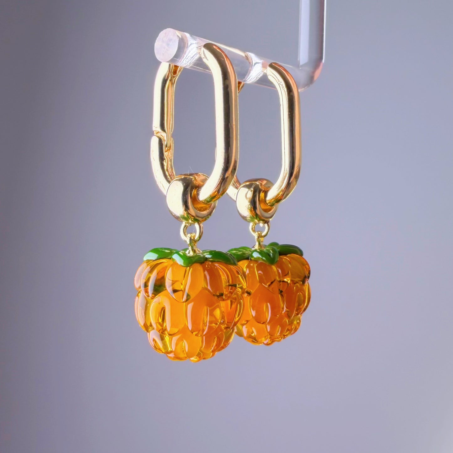 Handmade Lampwork Glass Yellow Cloudberries Square Hoop Earrings