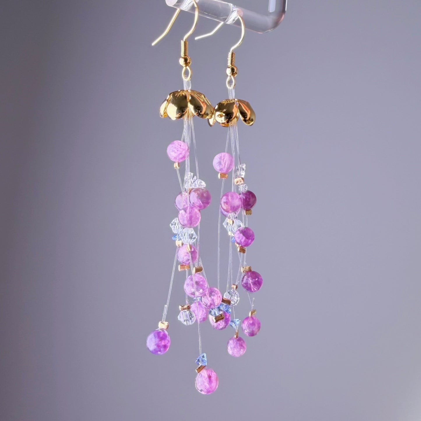Handmade Purple Lepidolite Crystal Beaded Jellyfish Dangle Earrings