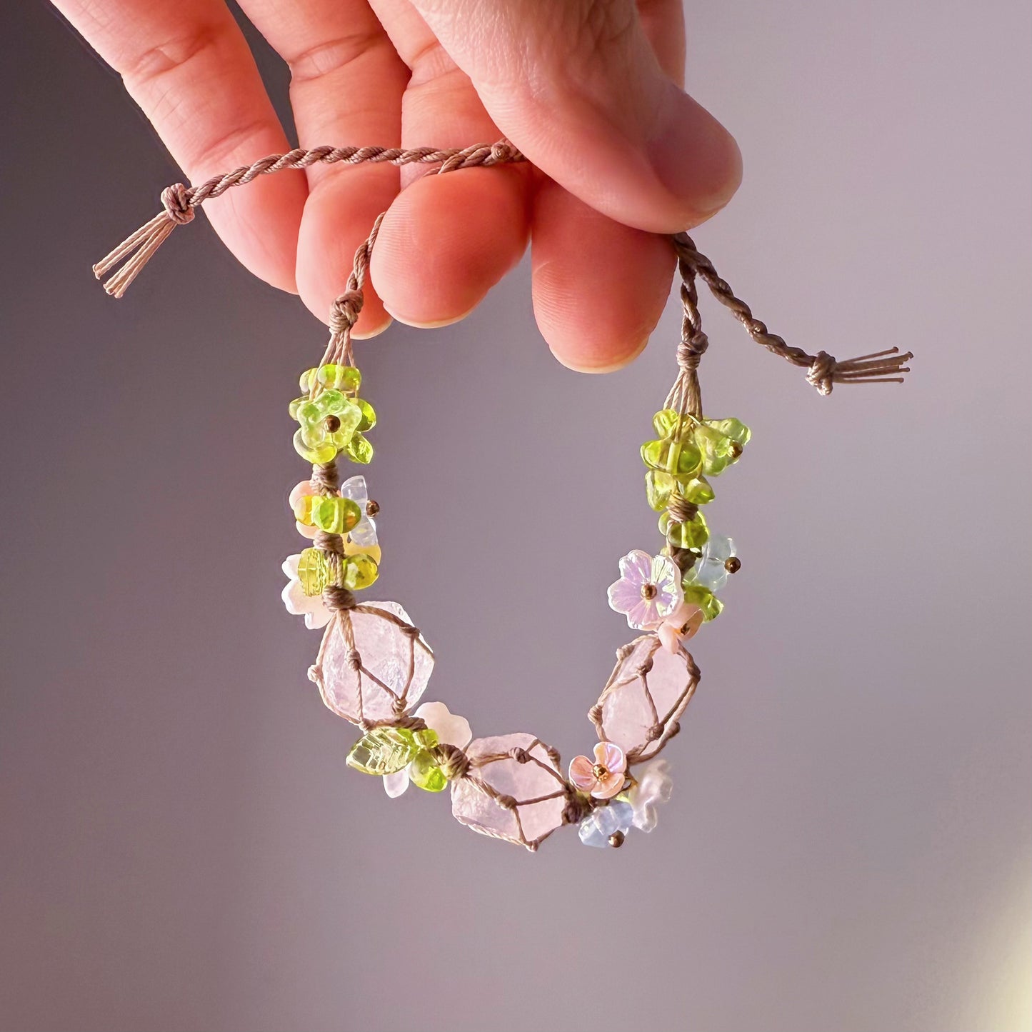 Quartzberry - Heart Chakra Rose Quartz with Peridot Handmade Macrame Bracelet