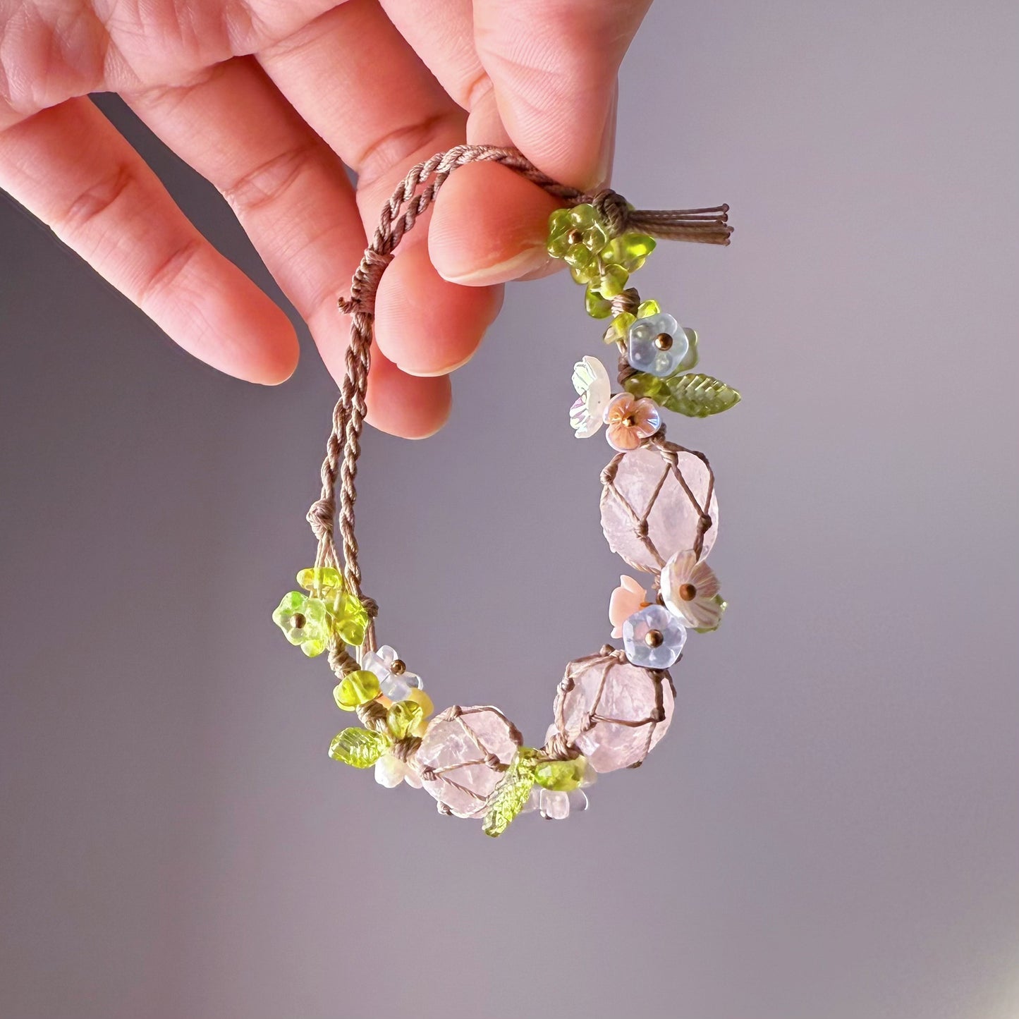 Quartzberry - Heart Chakra Rose Quartz with Peridot Handmade Macrame Bracelet