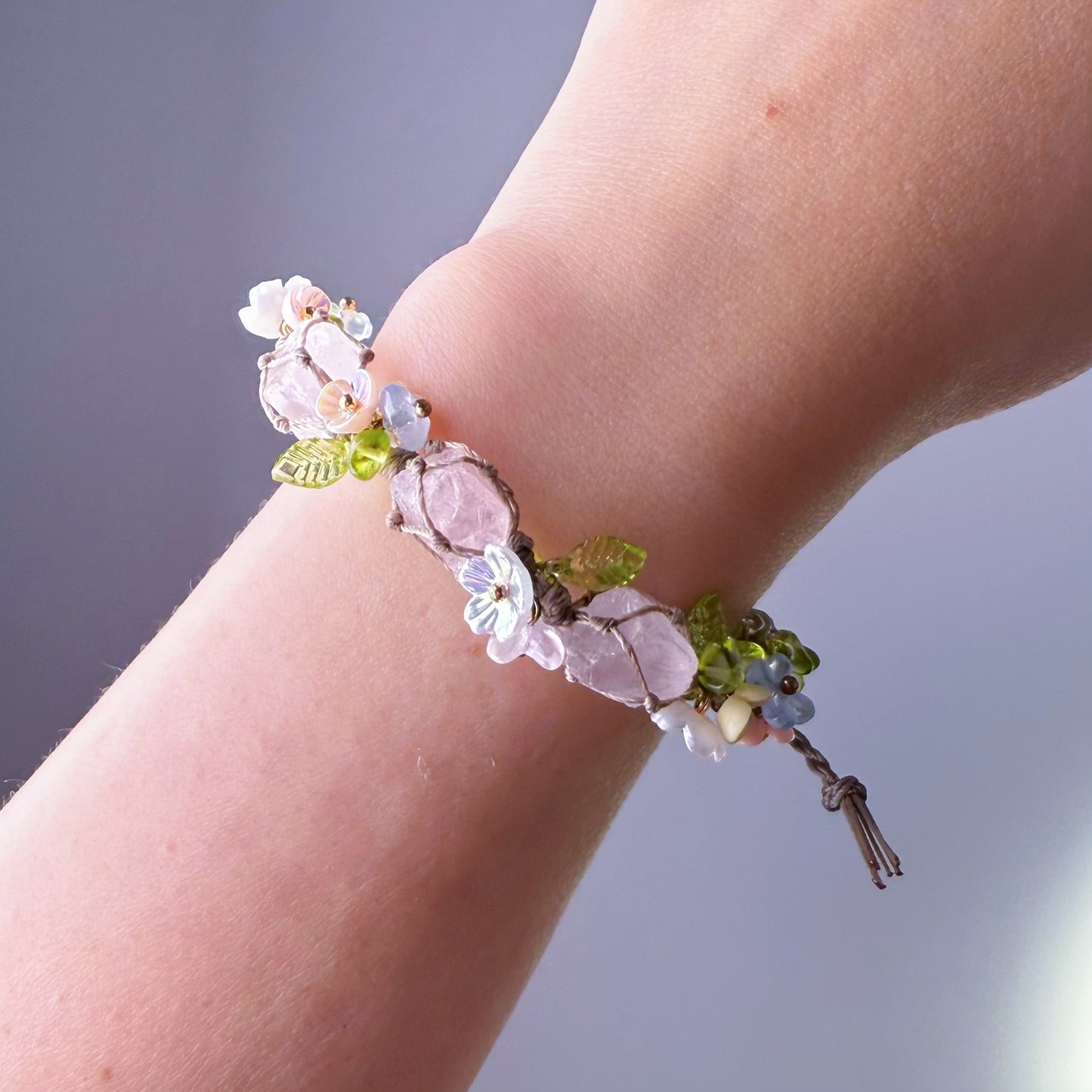 Quartzberry - Heart Chakra Rose Quartz with Peridot Handmade Macrame Bracelet
