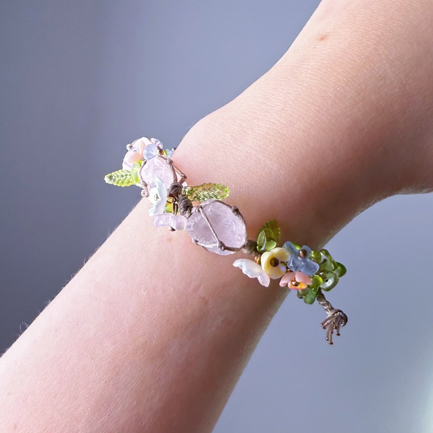 Quartzberry - Heart Chakra Rose Quartz with Peridot Handmade Macrame Bracelet