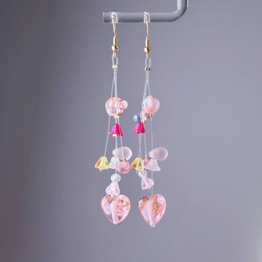 Handmade Pink Hearts and Floating Flowers Lampwork Glass Beaded Earrings