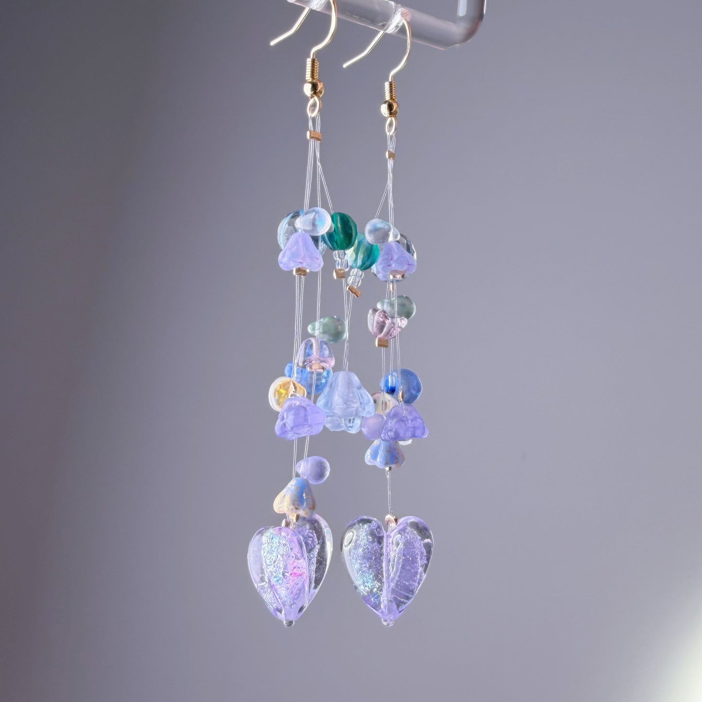 Handmade Purple Hearts and Floating Flowers Lampwork Glass Beaded Earrings