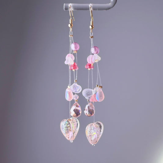 Handmade Light Pink Hearts and Floating Flowers Lampwork Glass Beaded Earrings