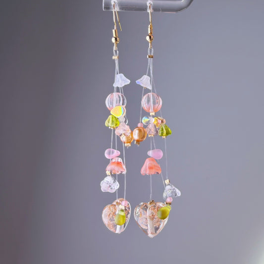 Handmade Orange Hearts and Floating Flowers Lampwork Glass Beaded Earrings