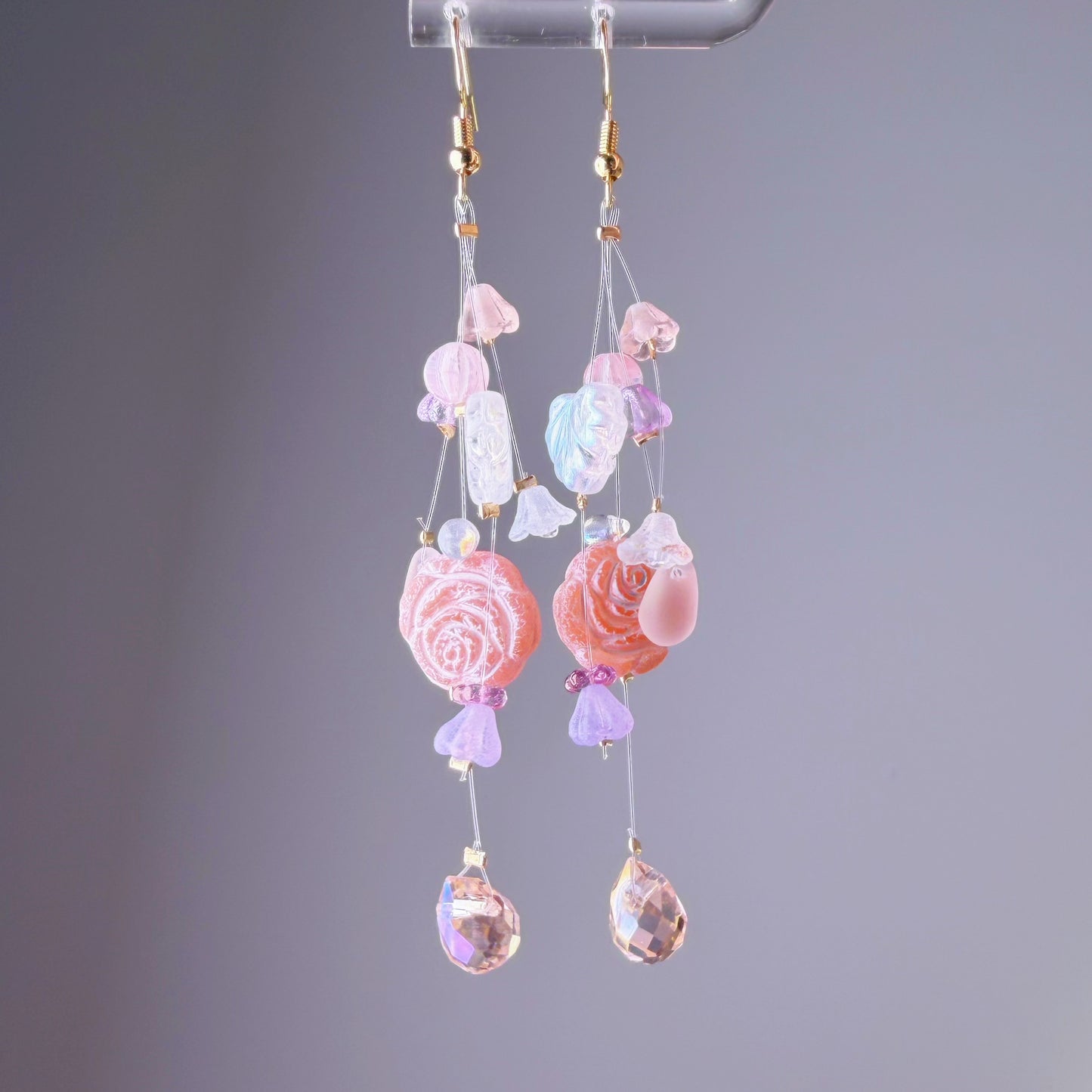 Handmade Pink Rose Floating Flowers Glass Beaded Earrings
