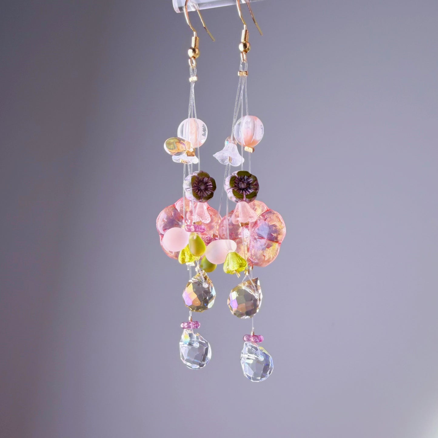 Handmade Pink Delphinium Floating Flowers Glass Beaded Earrings