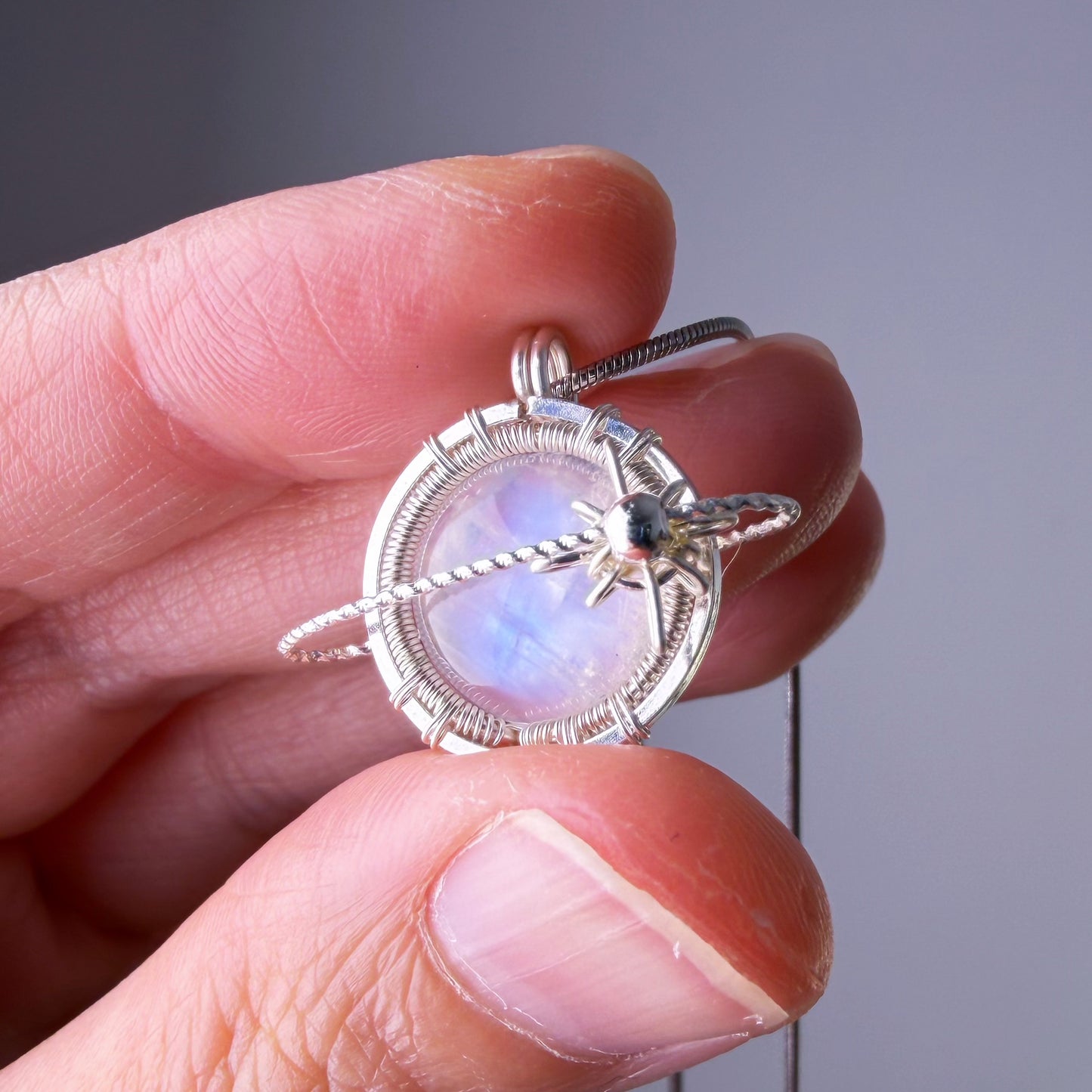 Quartzberry - Natural Blue Moonstone Silver Planet Wire Wrapped Necklace