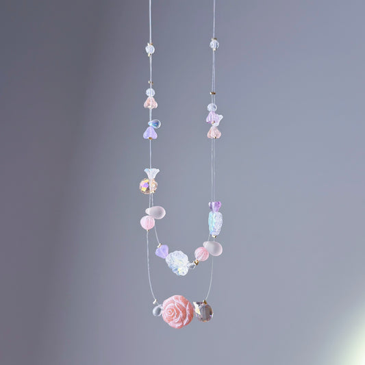Handmade Pink Rose Floating Flowers Glass Beaded Necklace