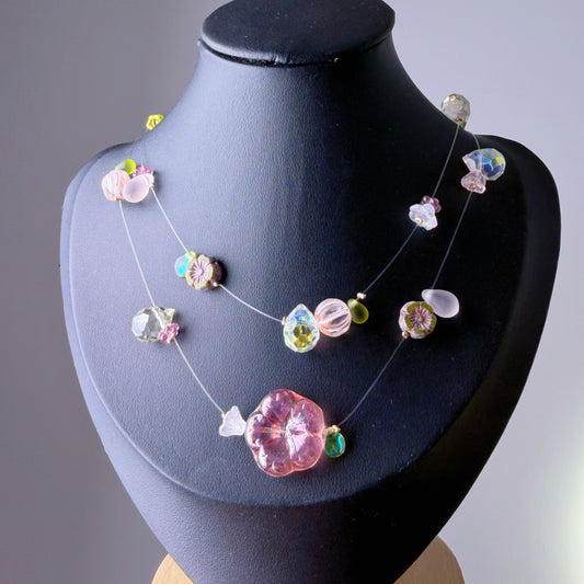 Handmade Pink Sakura Cherry Blossom Floating Flowers Glass Beaded Necklace