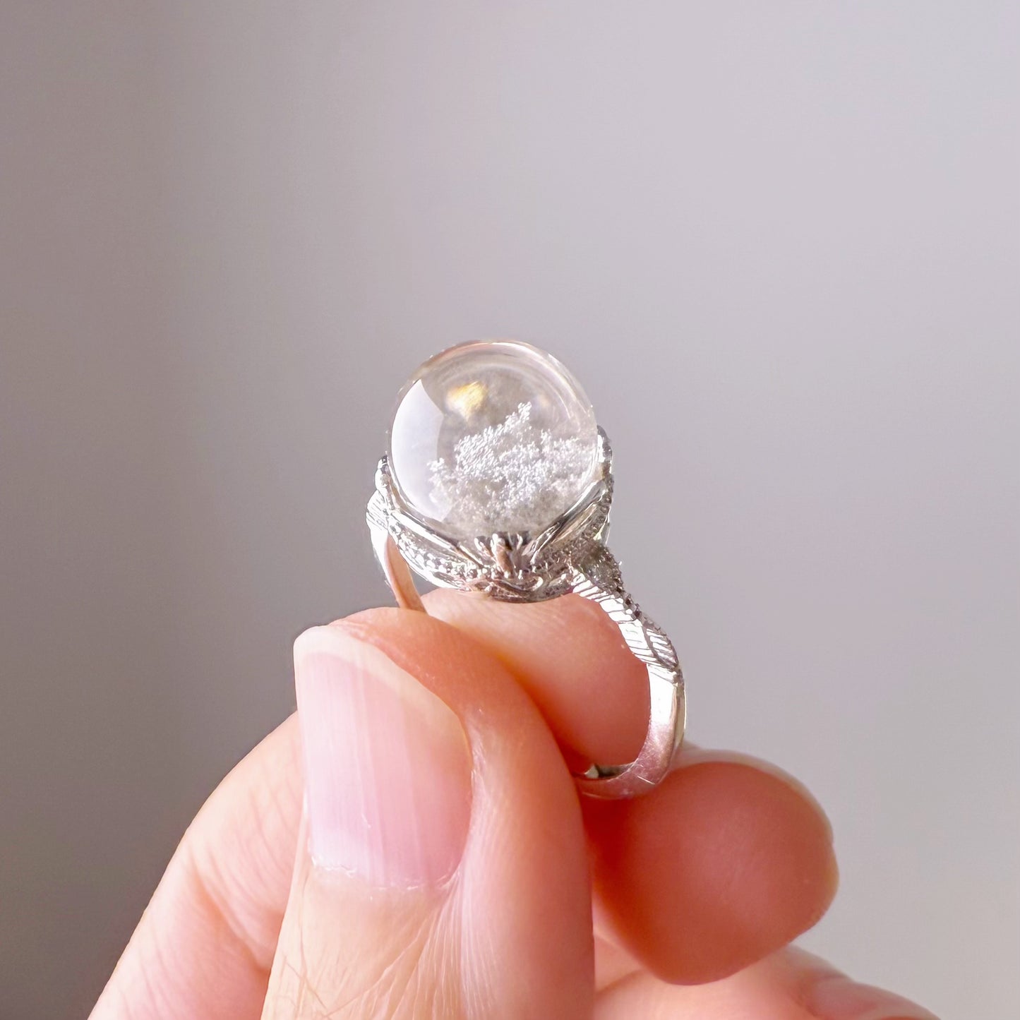 Quartzberry - Handmade Natural Small White Phantom Quartz Crystal Sterling Silver Ring - One of a kind