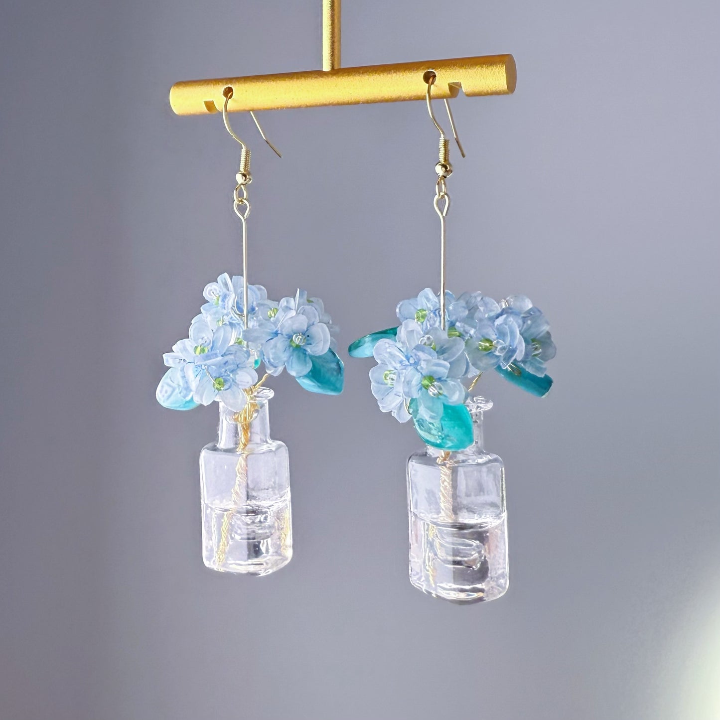 Handmade Blue Hydrangeas Flowers in Glass Vase Earrings