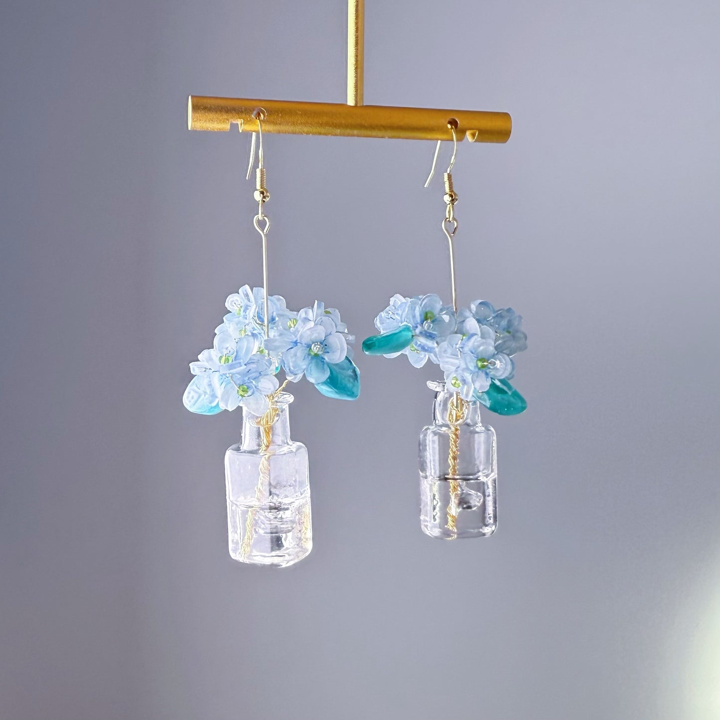 Handmade Blue Hydrangeas Flowers in Glass Vase Earrings