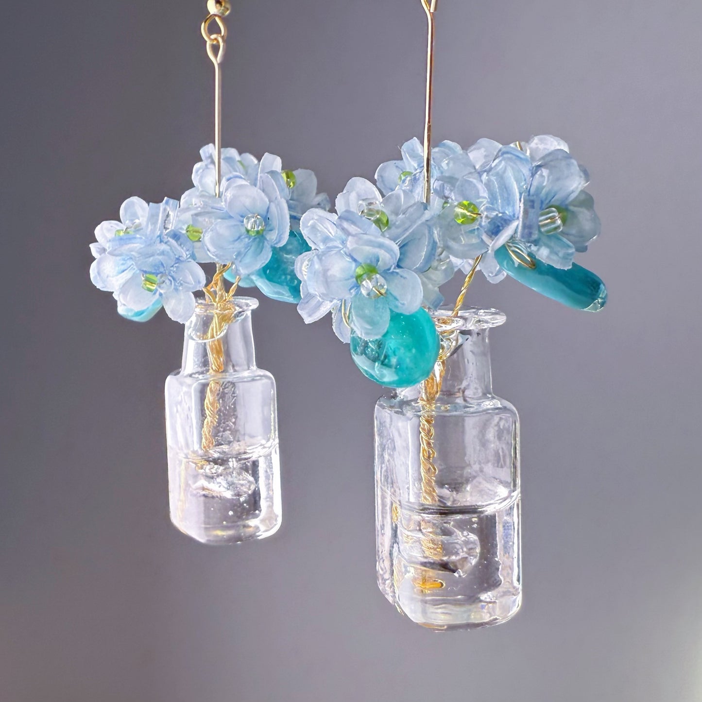 Handmade Blue Hydrangeas Flowers in Glass Vase Earrings