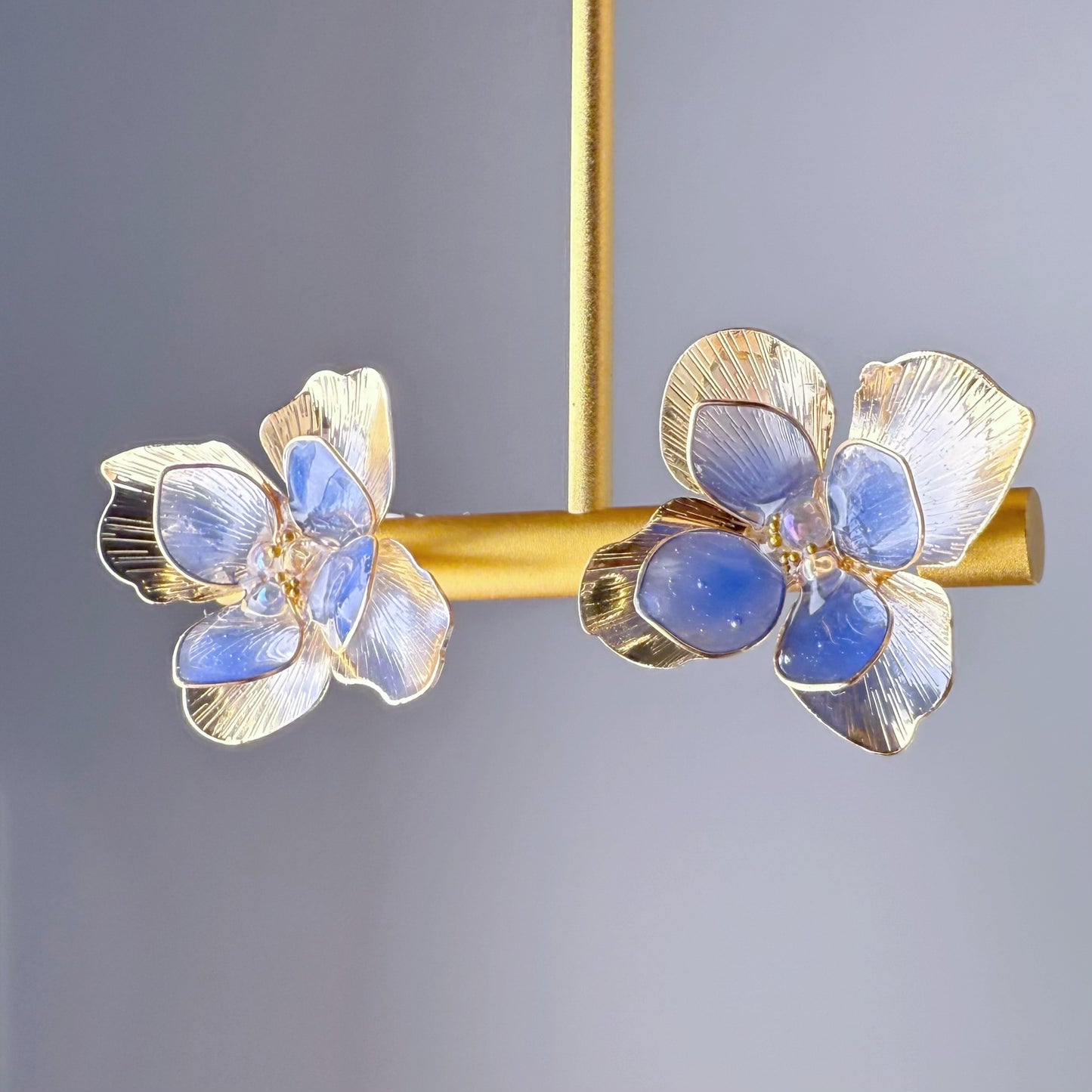Handmade Blue Hydrangeas with Gold Flower Petals Stud Earrings