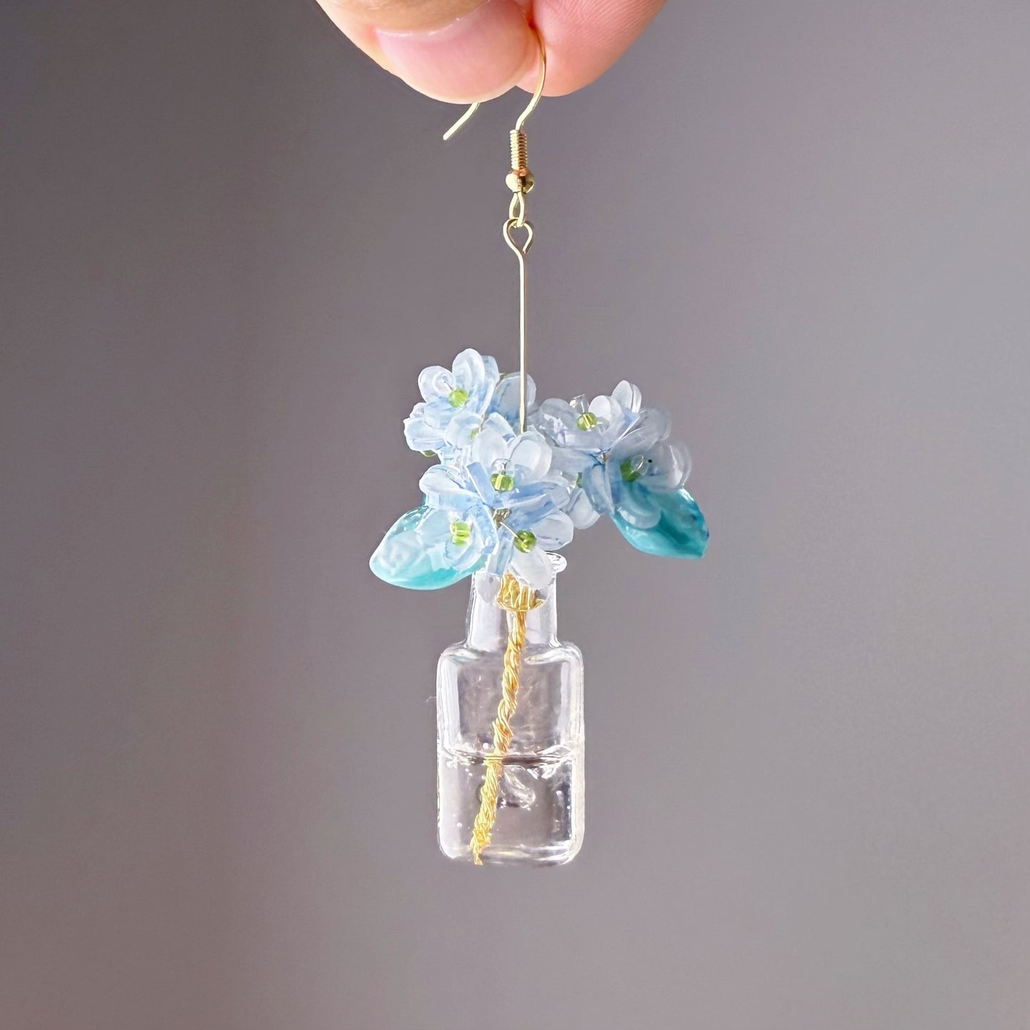 Handmade Blue Hydrangeas Flowers in Glass Vase Earrings