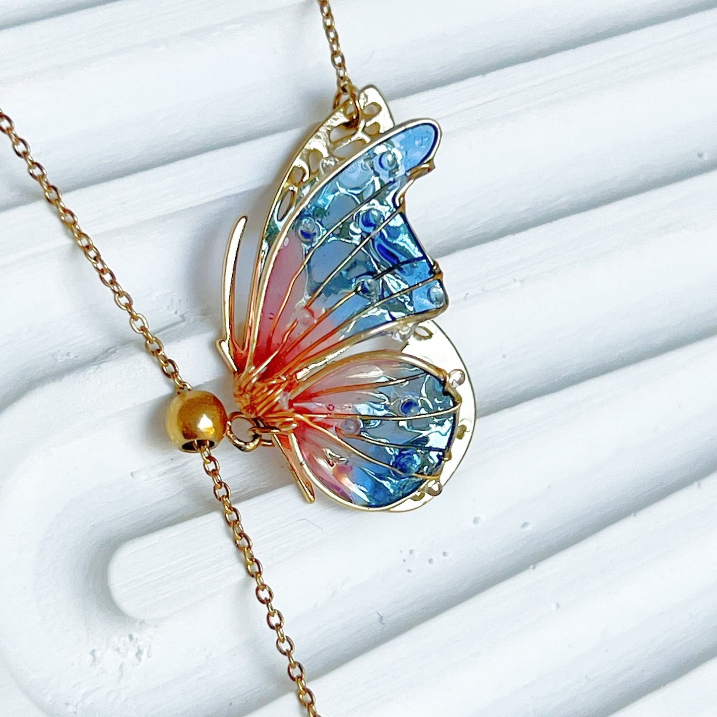 Handmade Pink Blue Butterflies with Pearl Necklace-Ninaouity