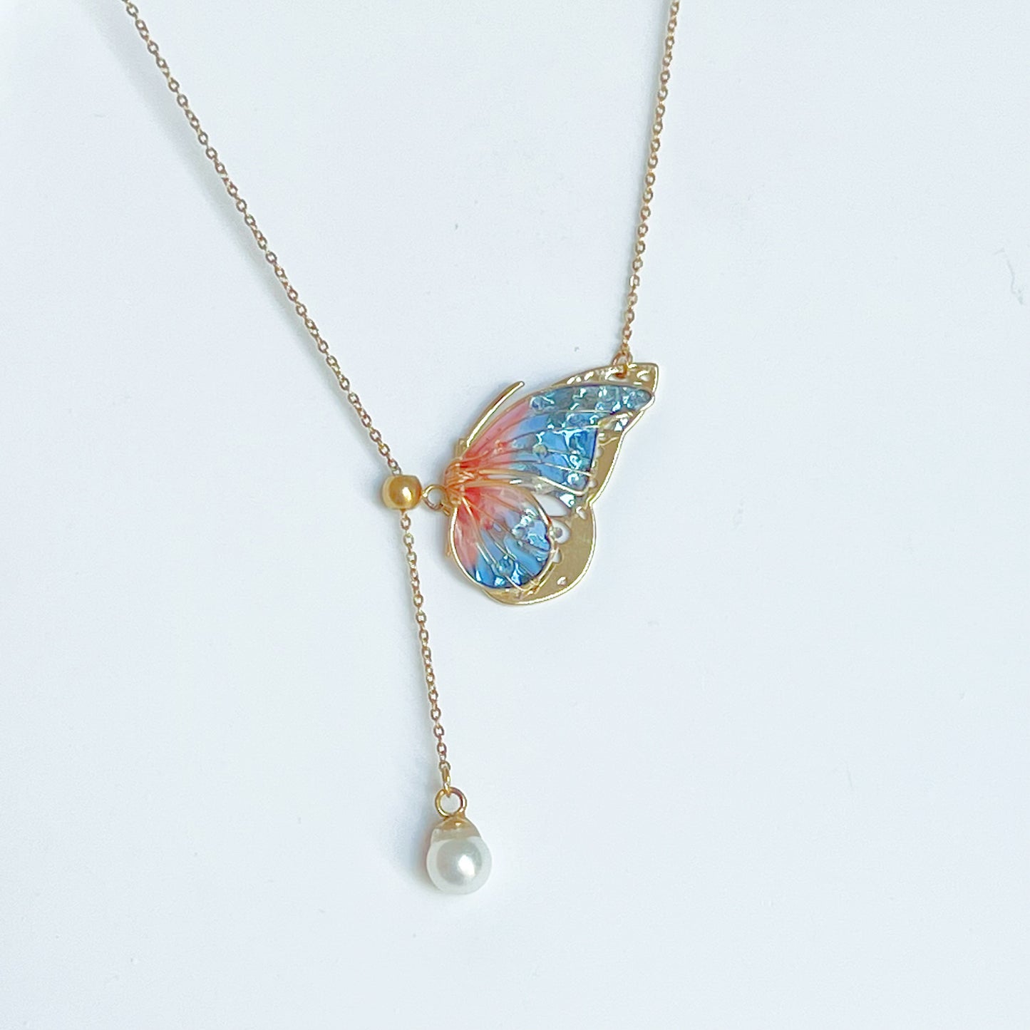 Handmade Pink Blue Butterflies with Pearl Necklace-Ninaouity