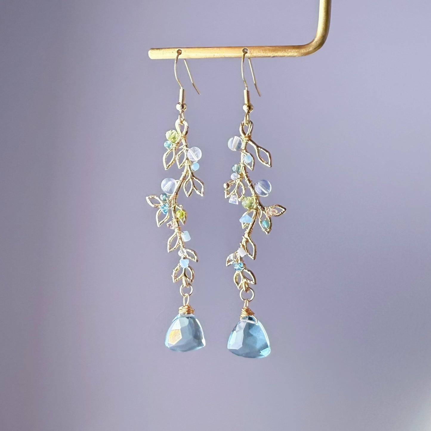 Handmade Golden Leaves with Mint Green Quartz and Mini Crystal Earrings