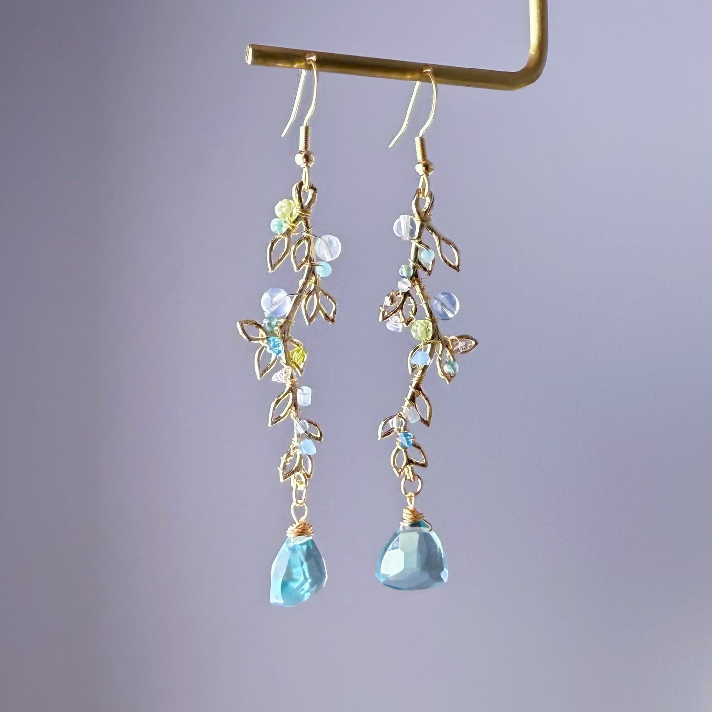Handmade Golden Leaves with Mint Green Quartz and Mini Crystal Earrings