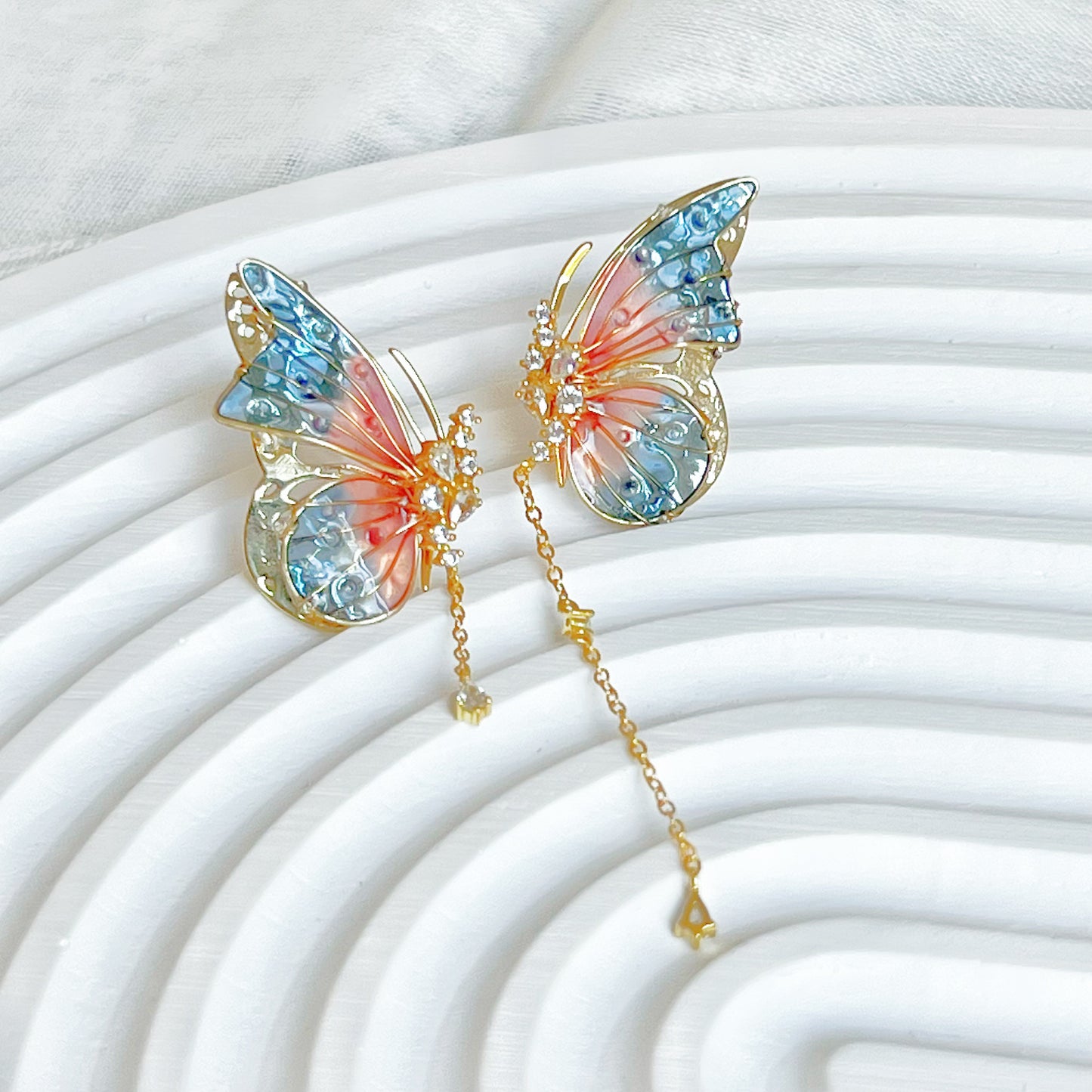 Handmade Pink Blue Butterflies with Drops Earrings-Ninaouity