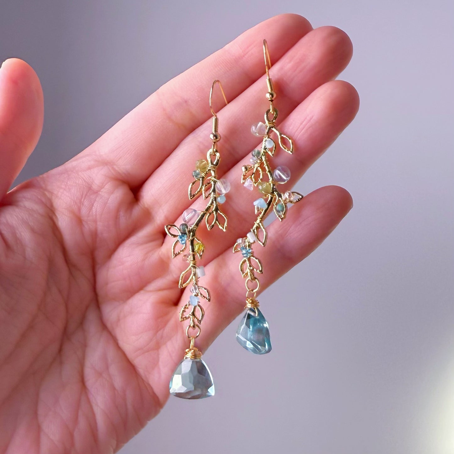 Handmade Golden Leaves with Mint Green Quartz and Mini Crystal Earrings